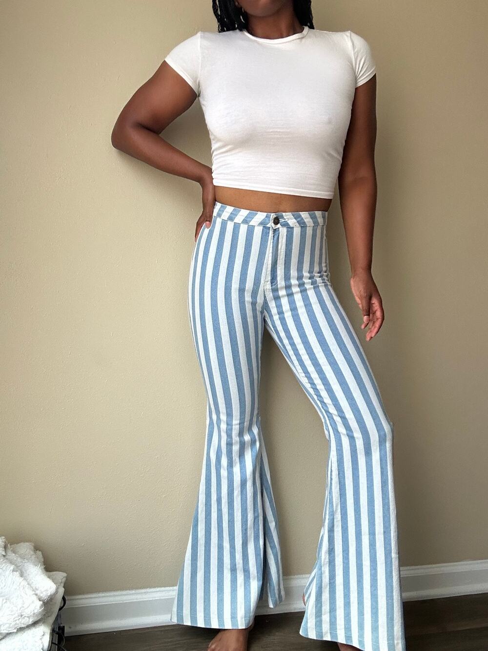 Buddy Love Blue and White Jojo High Waist Stripe Flare Jeans Size 28